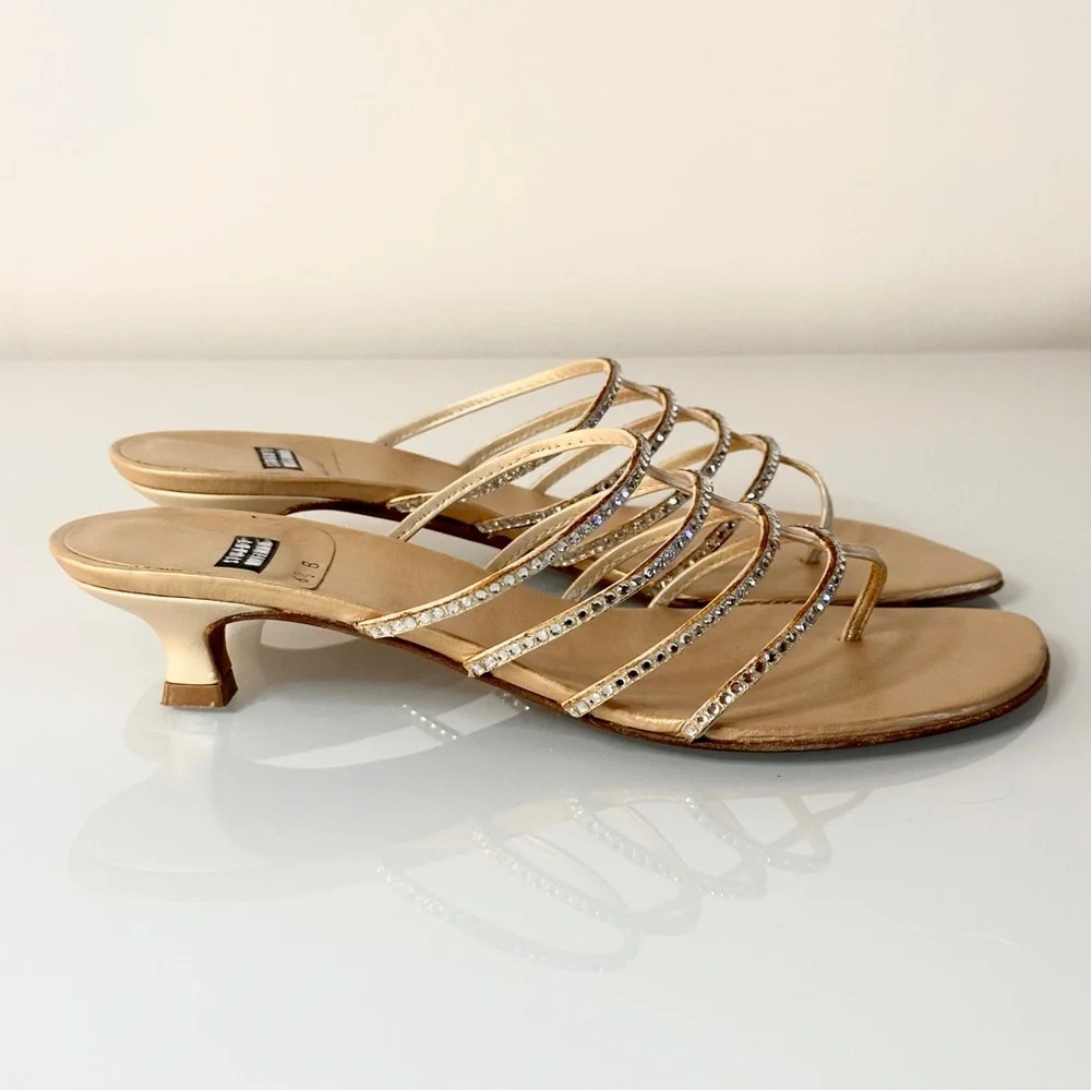 Stuart Weitzman Gold Kitten Heel Sandal 6.5 Toe Post Thong Rhinestone Straps - Picture 2 of 11
